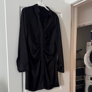 Black Ruched Front Satin Shirt Dress